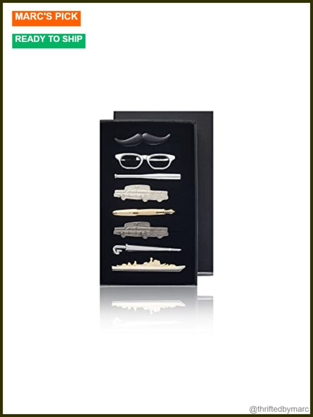 8Pc Brass Men's Tie Clip Set Novelty Shapes Gift Box